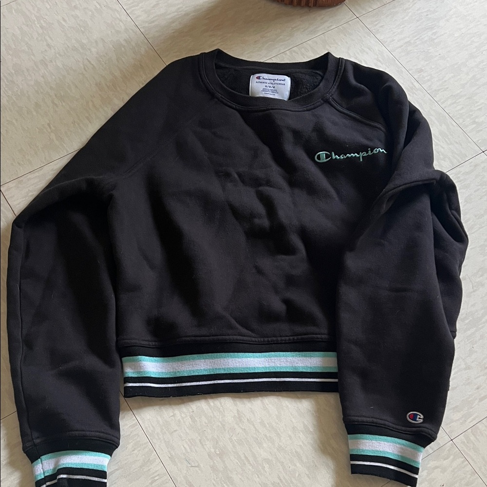 Champion cropped sweatshirt in black with striped ribbed trim